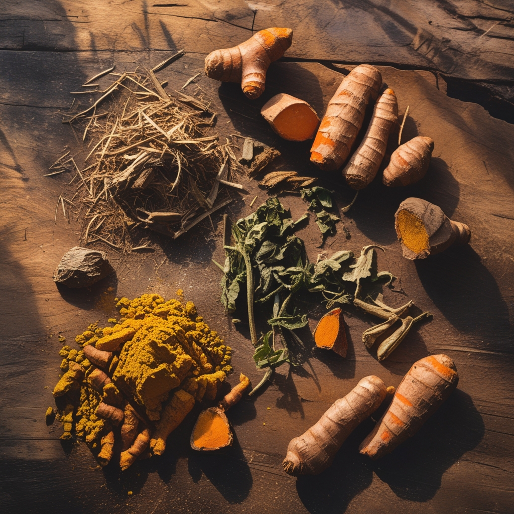 Dried herbal roots, turmeric pieces, and assorted botanical ingredients arranged on a worn wooden surface with warm natural lighting creating deep shadows and rich earthy tones