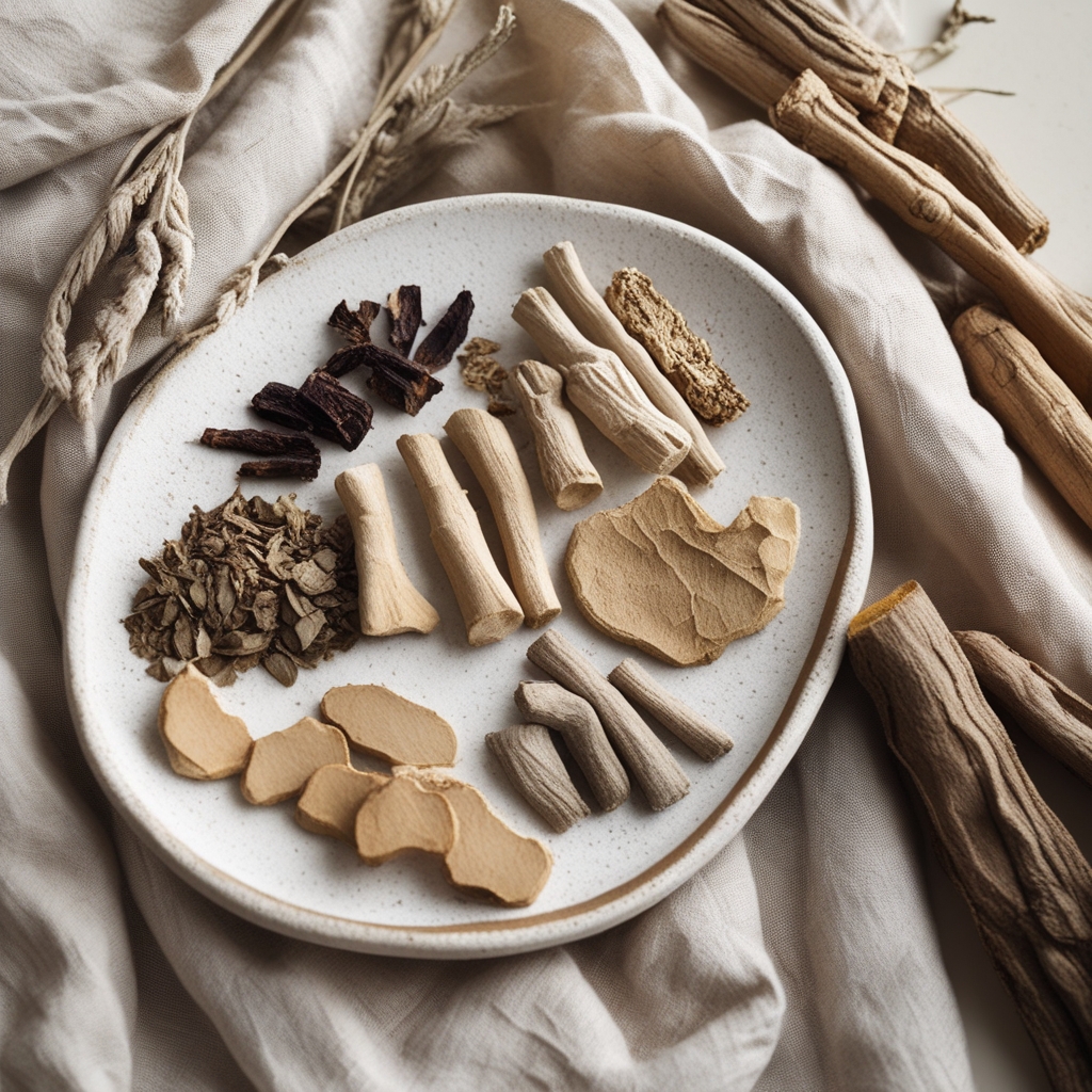 Assortment of dried medicinal herbs including pale dried ashwagandha root pieces, dark rhodiola fragments, and ginseng root slices arranged on natural linen cloth in soft diffused daylight