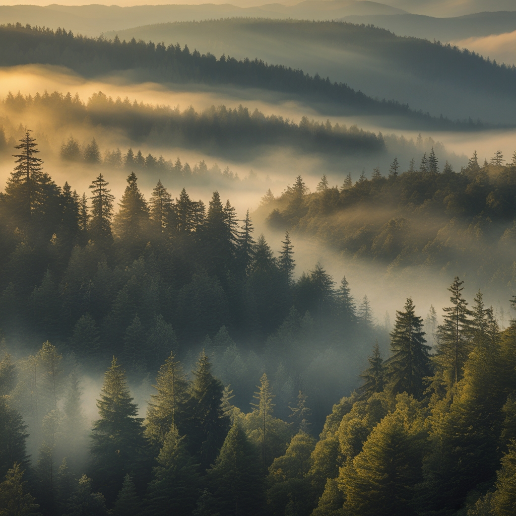 Misty mountain landscape at dawn with dense forest, soft golden light filtering through tall pine trees, creating a serene and expansive natural atmosphere